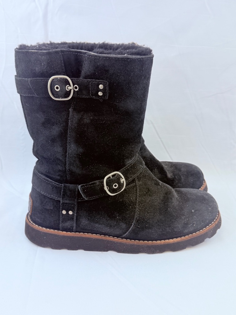 UGG Kensington Black Leather Boots Double Buckle Women’s Size 8